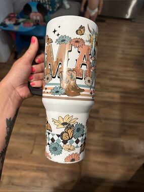 Floral 'MAMA' Insulated Travel Tumbler - White with Pastel Flowers & Butterflies